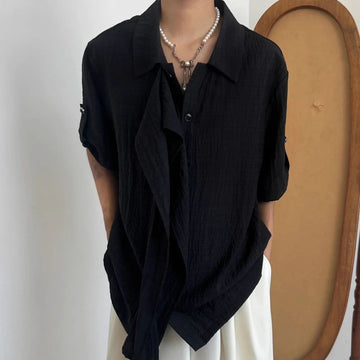AIDASE  -  Men's Solid Color Ribbon Short-Sleeved Shirt French Retro Fashion Trend High Street Casual Breathable Niche Summer New Men's Top aidase-shop